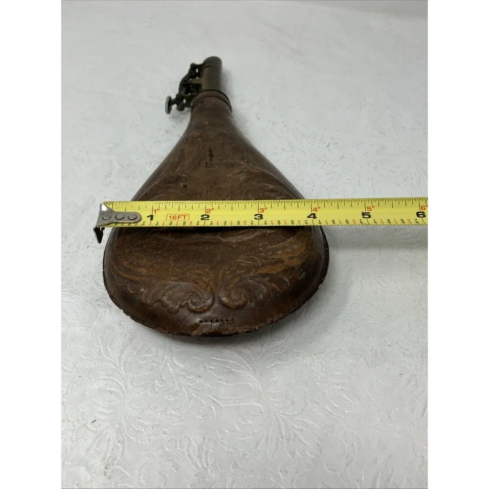 Antique Leather Gunpowder Pouch FLAWED Quail Pheasant Design w metal top VTG